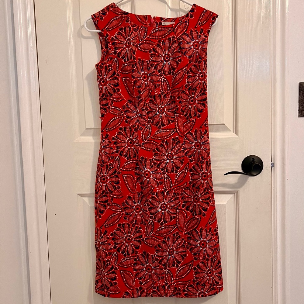 Elegant Red, White, and Blue Floral Dress